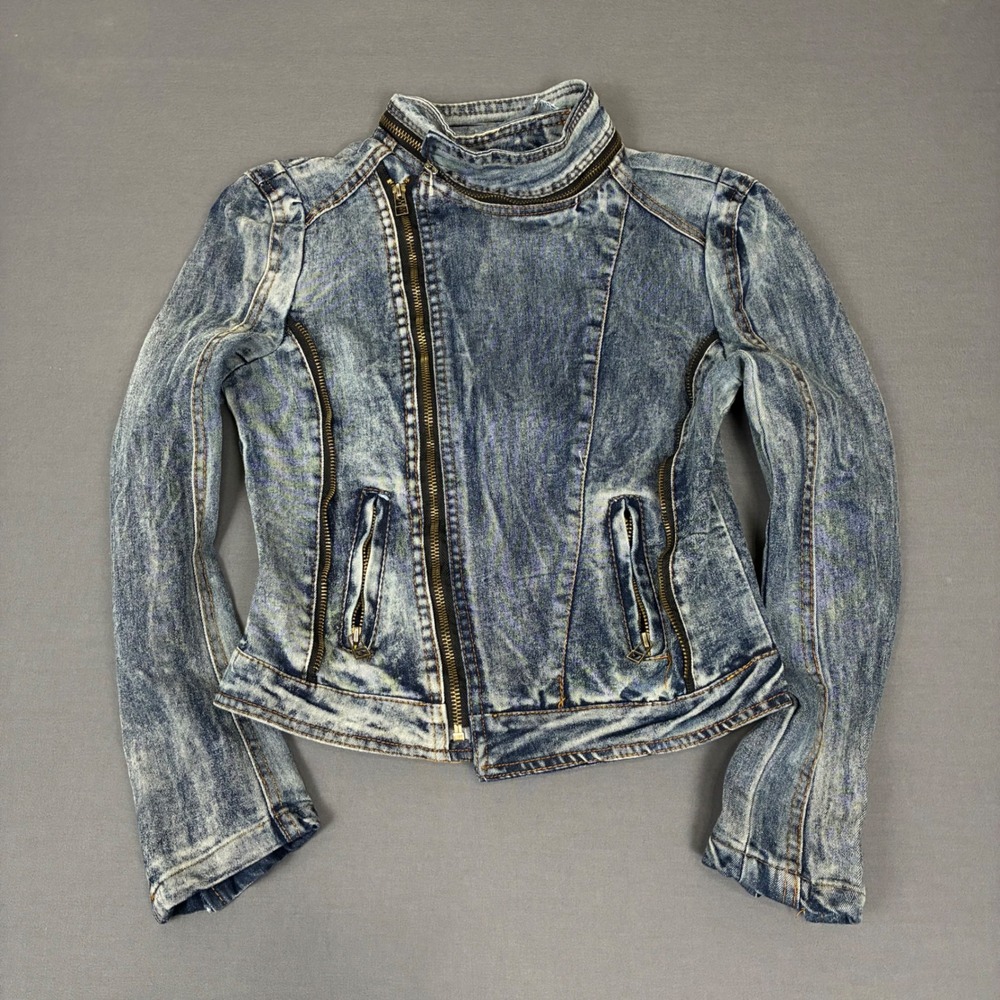 Y2K Archive Biker Asymmetrical Multi Zipper Cropped Denim Jacket Women's Size XS